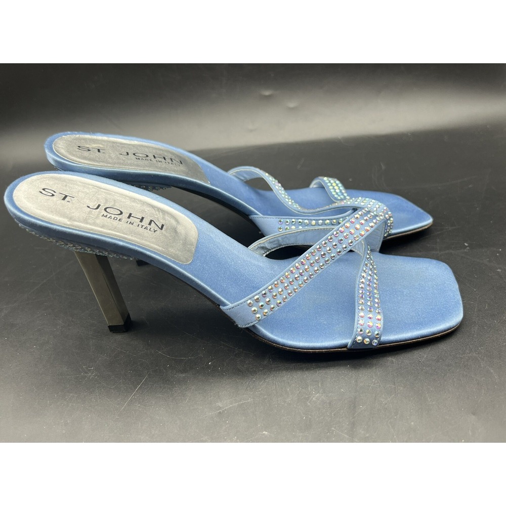 St. John Crystal Rhinestone Embellished Blue Satin Heels Slides Sandals 7.5 B